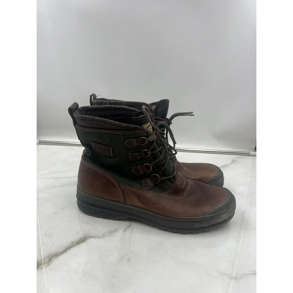 Vintage Clarks Green Canvas Brown Leather Wool Lined Boots 11.5 M Waterproof